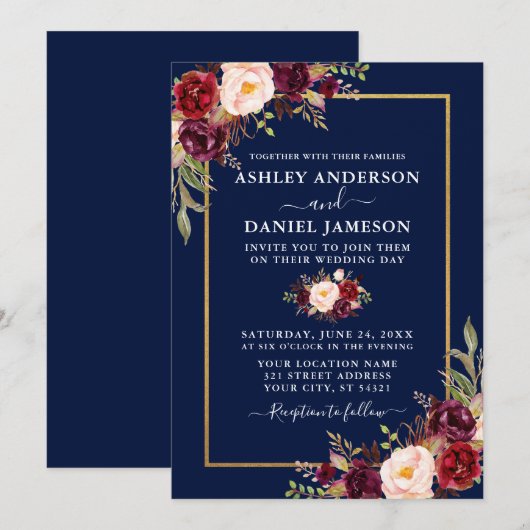 Waterverf Burgundy Floral Blue Gold Wedding Kaart (Voorkant / Achterkant)