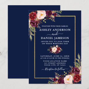 Waterverf Burgundy Floral Blue Gold Wedding Kaart