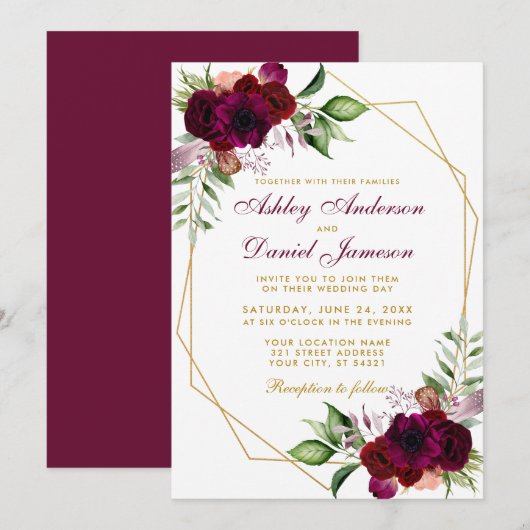 Waterverf Burgundy Floral Boho Gold Lijst Wedding Kaart (Voorkant / Achterkant)