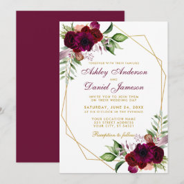 Waterverf Burgundy Floral Boho Gold Lijst Wedding Kaart