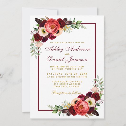 Waterverf Burgundy Floral Boho Wedding Gold BW Kaart (Voorkant)