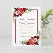 Waterverf Burgundy Floral Boho Wedding Gold BW Kaart (Staand voorkant)