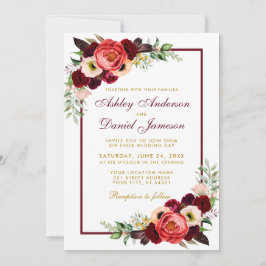 Waterverf Burgundy Floral Boho Wedding Gold BW Kaart