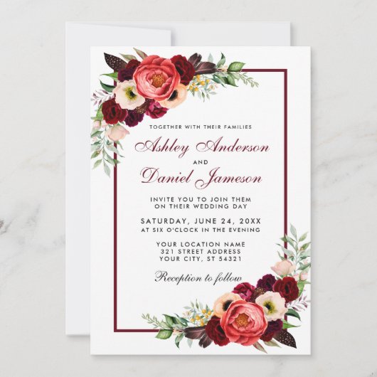 Waterverf Burgundy Floral Boho Wedding Invite Kaart (Voorkant)