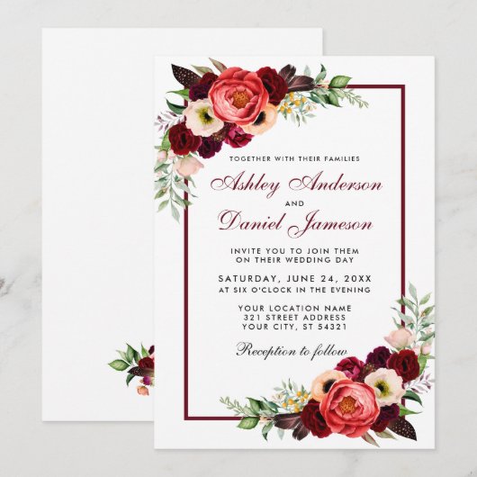 Waterverf Burgundy Floral Boho Wedding Invite Kaart (Voorkant / Achterkant)