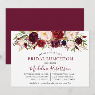 Waterverf Burgundy Floral Bridal Luncheon Kaart