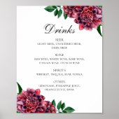 Waterverf burgundy floral bruiloft drink menu poster (Voorkant)
