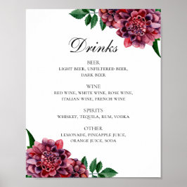 Waterverf burgundy floral bruiloft drink menu poster