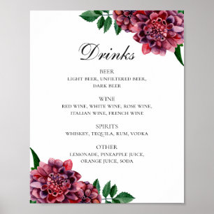 Waterverf burgundy floral bruiloft drink menu poster