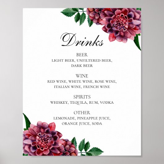 Waterverf burgundy floral bruiloft drink menu poster (Voorkant)