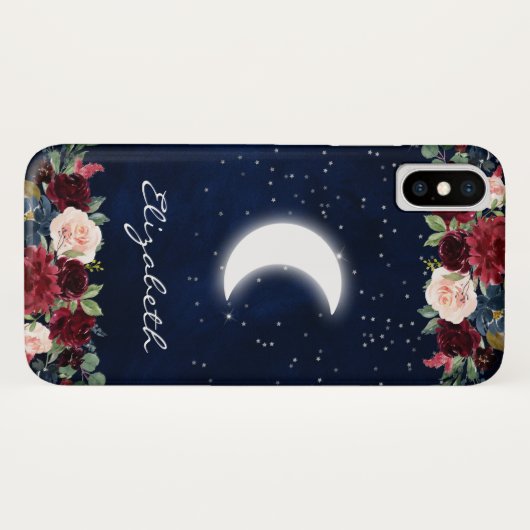 Waterverf Burgundy Floral Celestial Moon Case-Mate iPhone Case (Achterkant (horizontaal))