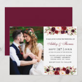 Waterverf Burgundy Floral Couple Photo Wedding Kaart (Voorkant / Achterkant)