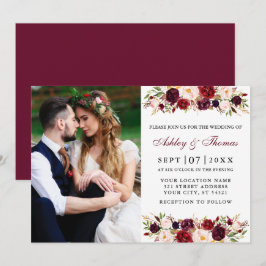 Waterverf Burgundy Floral Couple Photo Wedding Kaart