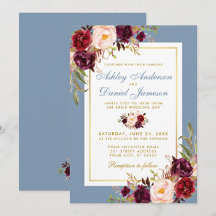 Waterverf Burgundy Floral Dusty Blue Wedding Kaart