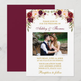 Waterverf Burgundy Floral Foto Gold Wedding Kaart