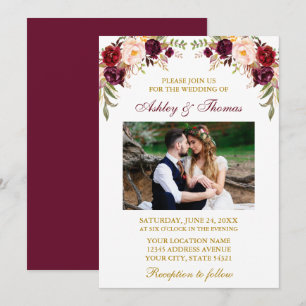 Waterverf Burgundy Floral Foto Gold Wedding Kaart