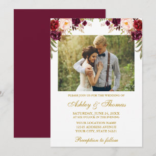 Waterverf Burgundy Floral Foto Gold Wedding Kaart