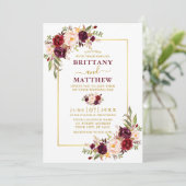 Waterverf Burgundy Floral Foto Gold Wedding Kaart (Staand voorkant)
