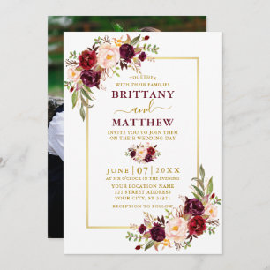 Waterverf Burgundy Floral Foto Gold Wedding Kaart