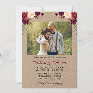 Waterverf Burgundy Floral Foto Kraft Wedding Kaart