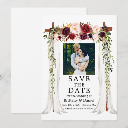 Waterverf Burgundy Floral foto van Weddenschap Can Save The Date (Voorkant / Achterkant)