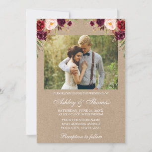 Waterverf Burgundy Floral Foto Wedding Kraft Kaart