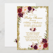 Waterverf Burgundy Floral Glitter Baby shower Kaart (Voorkant / Achterkant)