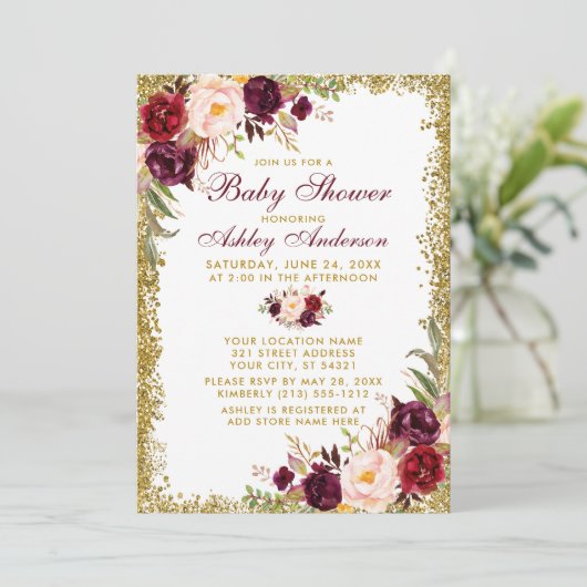 Waterverf Burgundy Floral Glitter Shower Kaart (Staand voorkant)