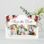Waterverf Burgundy Floral Gold 3 Foto Save The Date (Staand voorkant)