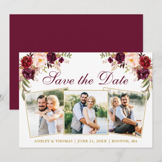 Waterverf Burgundy Floral Gold 3 Foto Save The Date (Voorkant / Achterkant)