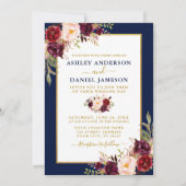 Waterverf Burgundy Floral Gold Blue Wedding Kaart (Voorkant)
