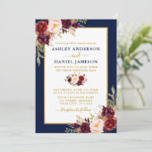 Waterverf Burgundy Floral Gold Blue Wedding Kaart (Staand voorkant)