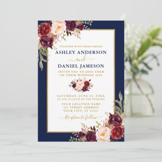 Waterverf Burgundy Floral Gold Blue Wedding Kaart (Staand voorkant)