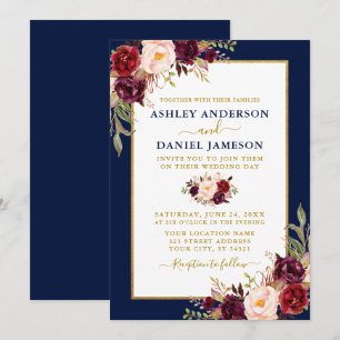 Waterverf Burgundy Floral Gold Blue Wedding Kaart