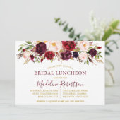 Waterverf Burgundy Floral Gold Bridal Luncheon Kaart (Staand voorkant)