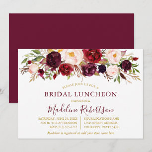 Waterverf Burgundy Floral Gold Bridal Luncheon Kaart