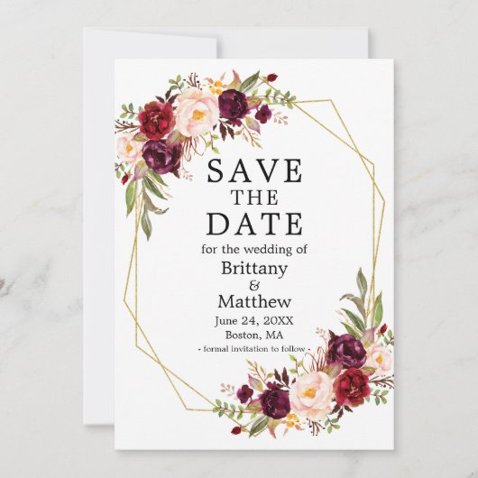 Waterverf Burgundy Floral Gold Geo Lijst Save The Date (Voorkant)