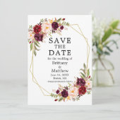 Waterverf Burgundy Floral Gold Geo Lijst Save The Date (Staand voorkant)