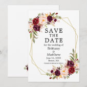 Waterverf Burgundy Floral Gold Geo Lijst Save The Date (Voorkant / Achterkant)