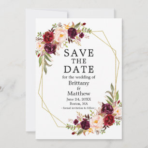 Waterverf Burgundy Floral Gold Geo Lijst Save The Date