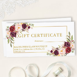 Waterverf Burgundy Floral Gold Gift Certificate