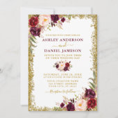 Waterverf Burgundy Floral Gold Glitter Wedding Kaart (Voorkant)