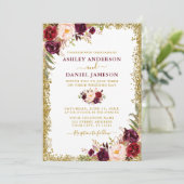 Waterverf Burgundy Floral Gold Glitter Wedding Kaart (Staand voorkant)