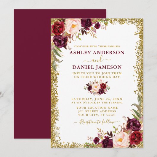 Waterverf Burgundy Floral Gold Glitter Wedding Kaart (Voorkant / Achterkant)