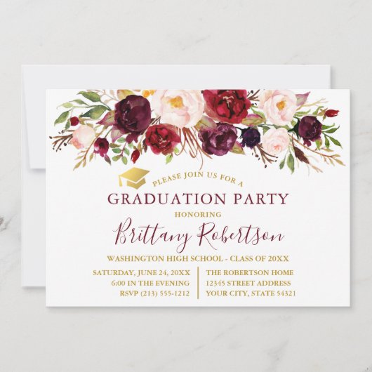 Waterverf Burgundy Floral Gold Graduation Party Kaart (Voorkant)