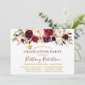 Waterverf Burgundy Floral Gold Graduation Party Kaart (Staand voorkant)
