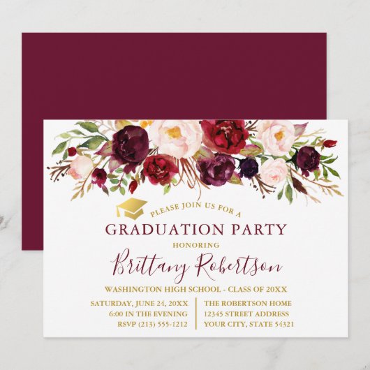 Waterverf Burgundy Floral Gold Graduation Party Kaart (Voorkant / Achterkant)