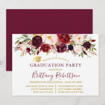 Waterverf Burgundy Floral Gold Graduation Party