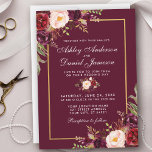 Waterverf Burgundy Floral Gold Lijst Wedding Kaart<br><div class="desc">Elegant Burgundy Marsala Waterverf Floral and Gold Lijst Wedding Invitation - Burgundy Back</div>