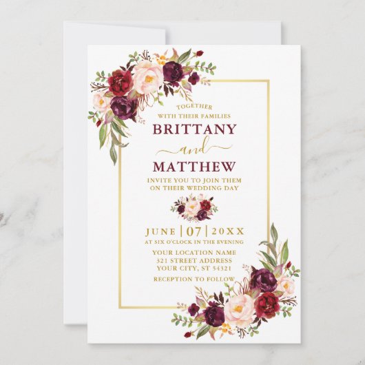 Waterverf Burgundy Floral Gold Lijst Wedding Kaart (Voorkant)